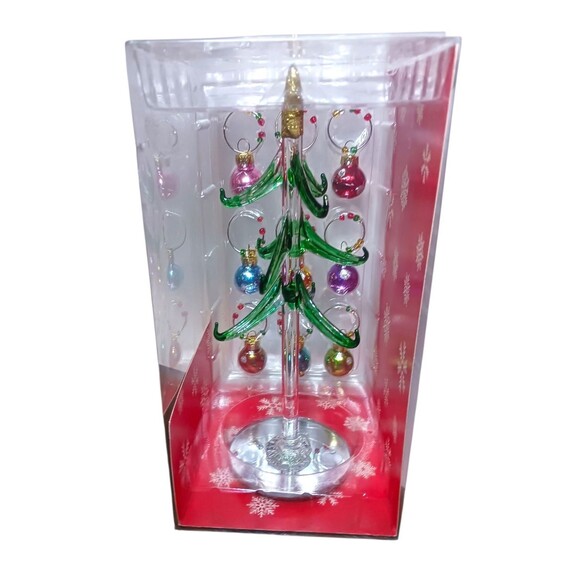 NEW Gift Essentials Holiday Glass Tree With Beaded Glitter Ornament Wine Charms - Picture 2 of 4